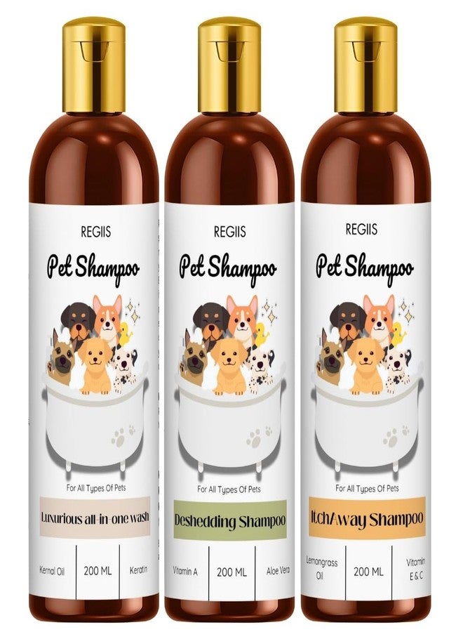 Regiis Pet Shampoo Set, All-in-One Wash, Deshedding, Itch Relief Formula, 200ml Each, with Keratin, Aloe Vera, Vitamin A, for (Pack of 3) - Image 1